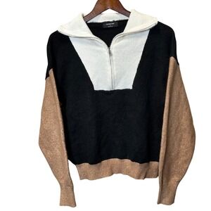 The Work Shop Colorblock Quarter Zip Knit Sweater Black White Tan Size S Cropped